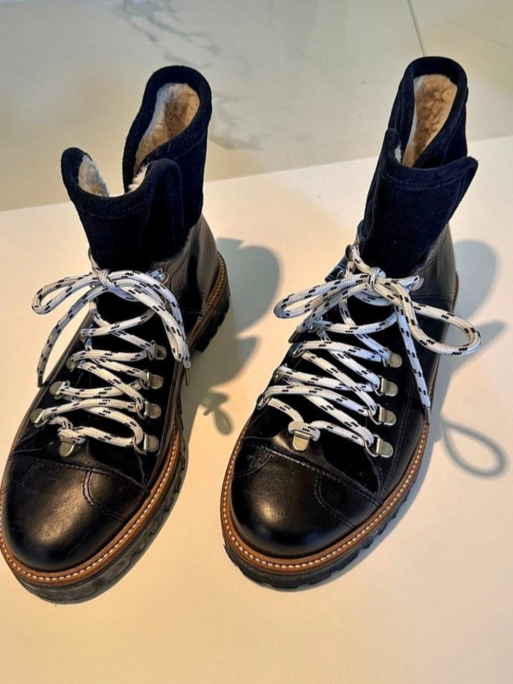 Shearling-Lined Lace-Up Boots in Black & White Like New